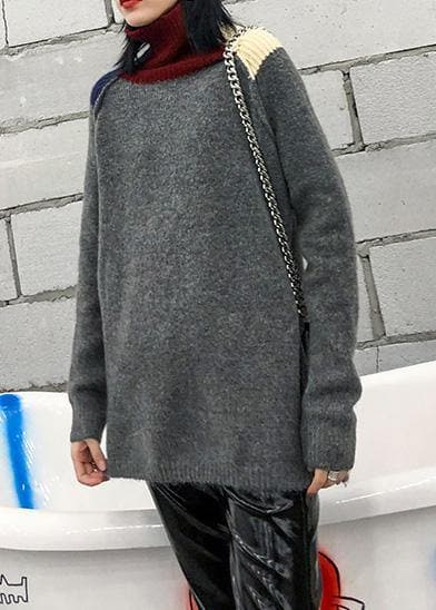 Pullover patchwork gray knitwear plus size clothing high neck knit tops AT-NTP191203