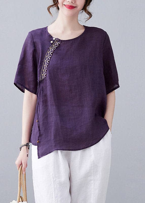 Purple O-Neck Patchwork Linen T Shirt Short Sleeve GK-STP220422