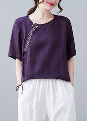 Purple O-Neck Patchwork Linen T Shirt Short Sleeve GK-STP220422
