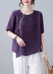 Purple O-Neck Patchwork Linen T Shirt Short Sleeve GK-STP220422