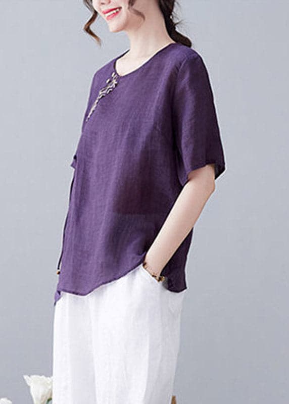 Purple O-Neck Patchwork Linen T Shirt Short Sleeve GK-STP220422