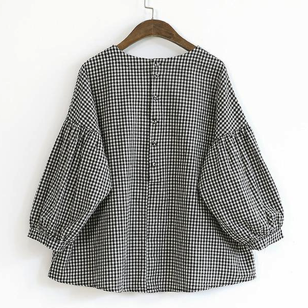 French Plaid Cotton Women Fine Sewing Asymmetric Plus Size Clothing Blouse LTP190129