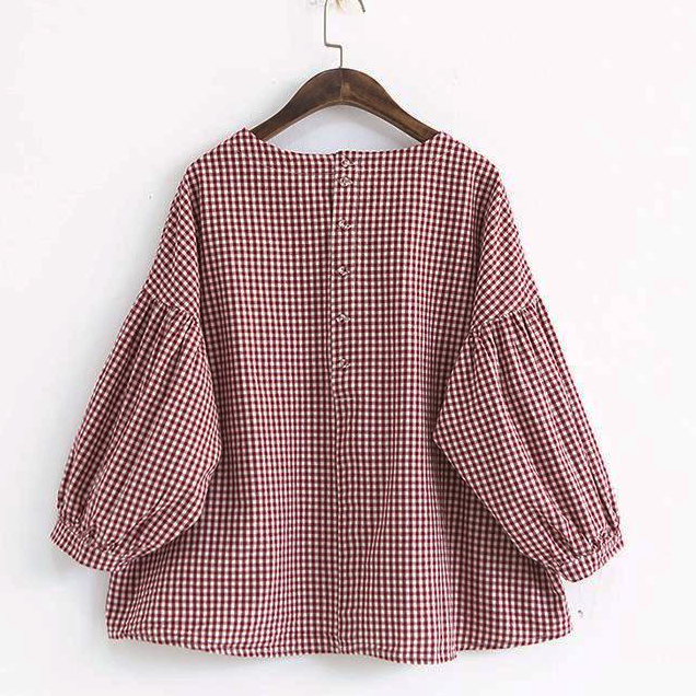 French Plaid Cotton Women Fine Sewing Asymmetric Plus Size Clothing Blouse LTP190129
