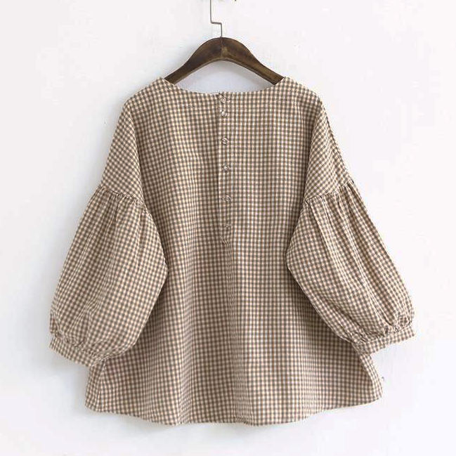 French Plaid Cotton Women Fine Sewing Asymmetric Plus Size Clothing Blouse LTP190129