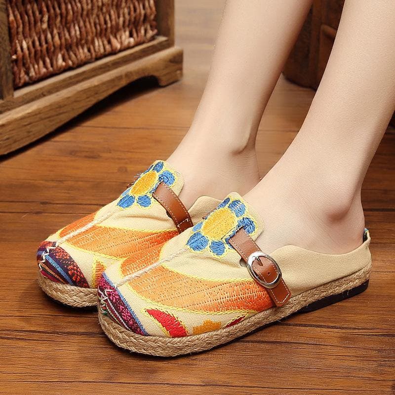 Red Cotton Linen Embroideried Fabric Vintage Buckle Strap Thong Sandals LT210706