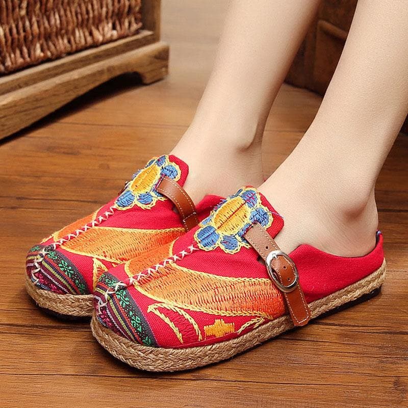 Red Cotton Linen Embroideried Fabric Vintage Buckle Strap Thong Sandals LT210706