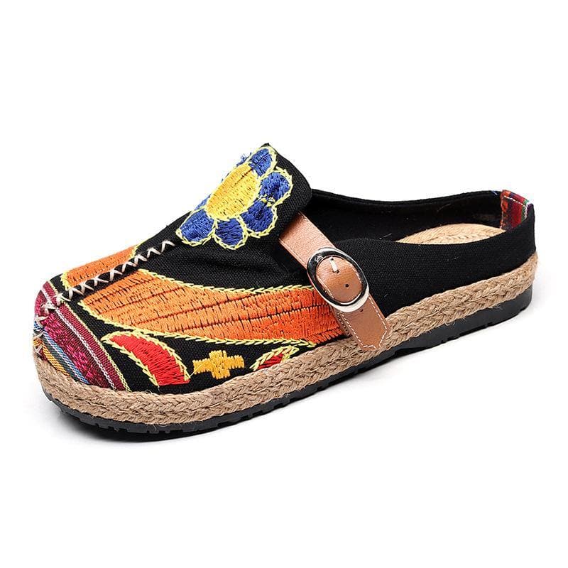 Red Cotton Linen Embroideried Fabric Vintage Buckle Strap Thong Sandals LT210706