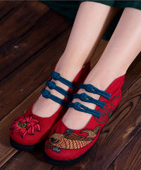 Red Embroideried Asymmetrical Design Buckle Strap Ballet Flats Shoes SHOE-PDX220328