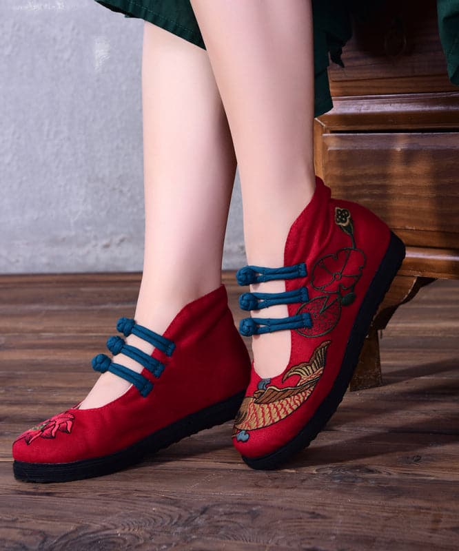Red Embroideried Asymmetrical Design Buckle Strap Ballet Flats Shoes SHOE-PDX220328