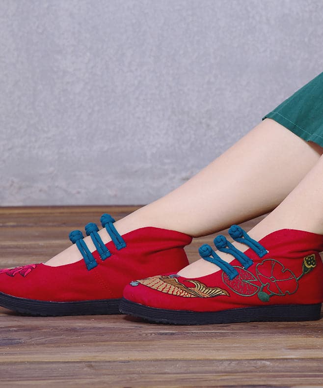 Red Embroideried Asymmetrical Design Buckle Strap Ballet Flats Shoes SHOE-PDX220328