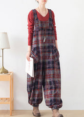 Red Plaid Pockets Woolen Jumpsuit Pants Fall dylinoshop