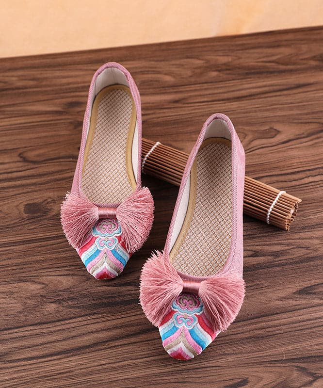 Retro Pink Embroideried Tassel Cotton Fabric Flat Shoes For Women SHOE-PDX220328