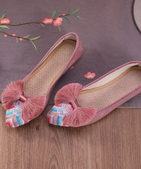 Retro Pink Embroideried Tassel Cotton Fabric Flat Shoes For Women SHOE-PDX220328