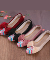 Retro Pink Embroideried Tassel Cotton Fabric Flat Shoes For Women SHOE-PDX220328