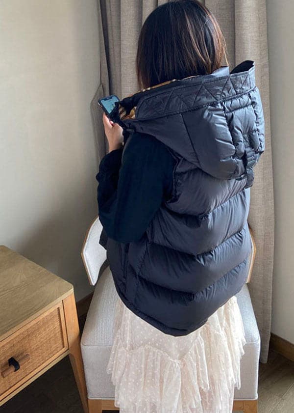 Simple Black Hooded Solid Color Duck Down Puffer Vest Sleeveless GK-VTP220830
