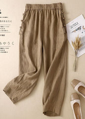 Simple Khaki Elastic Waist Oriental Button Solid Color Linen Harem Pants Trousers Summer GK-CPTS220623