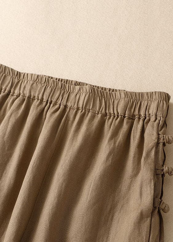 Simple Khaki Elastic Waist Oriental Button Solid Color Linen Harem Pants Trousers Summer GK-CPTS220623