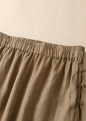 Simple Khaki Elastic Waist Oriental Button Solid Color Linen Harem Pants Trousers Summer GK-CPTS220623