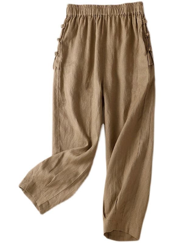 Simple Khaki Elastic Waist Oriental Button Solid Color Linen Harem Pants Trousers Summer GK-CPTS220623