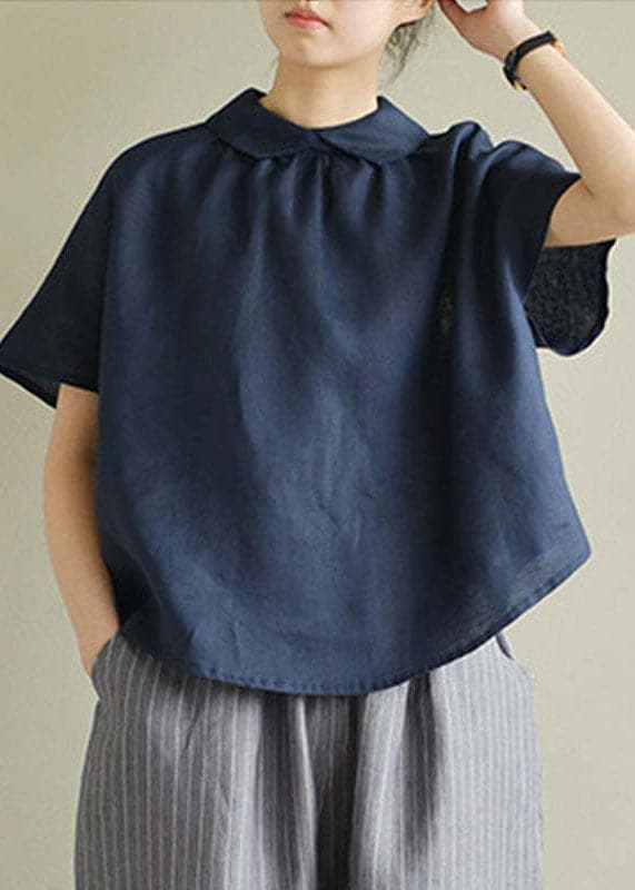 Simple Navy Peter Pan Collar Solid Color Linen Shirts Short Sleeve GK-STP220804