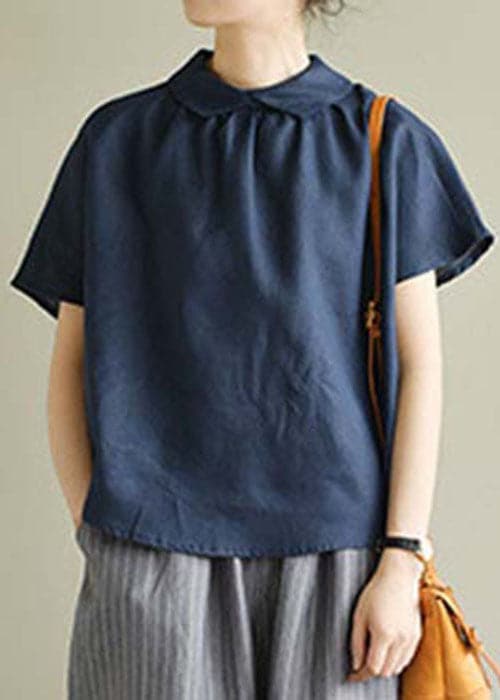 Simple Navy Peter Pan Collar Solid Color Linen Shirts Short Sleeve GK-STP220804
