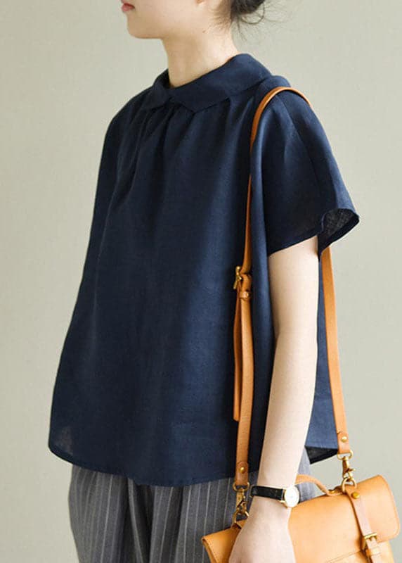 Simple Navy Peter Pan Collar Solid Color Linen Shirts Short Sleeve GK-STP220804