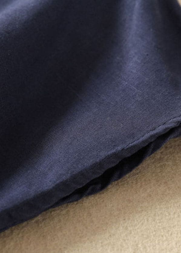 Simple Navy Peter Pan Collar Solid Color Linen Shirts Short Sleeve GK-STP220804