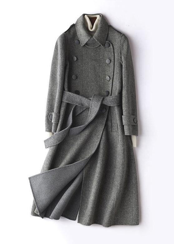 Simple gray striped Plus Size Long Woolen CoatsTutorials lapel tie waist outwears TCT200915