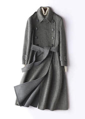 Simple gray striped Plus Size Long Woolen CoatsTutorials lapel tie waist outwears TCT200915