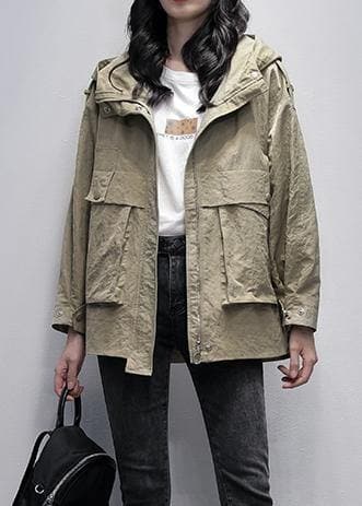 Simple hooded zippered Fashion casual coats women gray green loose coats TCT201207