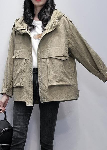 Simple hooded zippered Fashion casual coats women gray green loose coats TCT201207