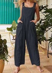 Solid Color Button Sleeveless Overalls Side Pocket Jumpsuit For Women dylinoshop