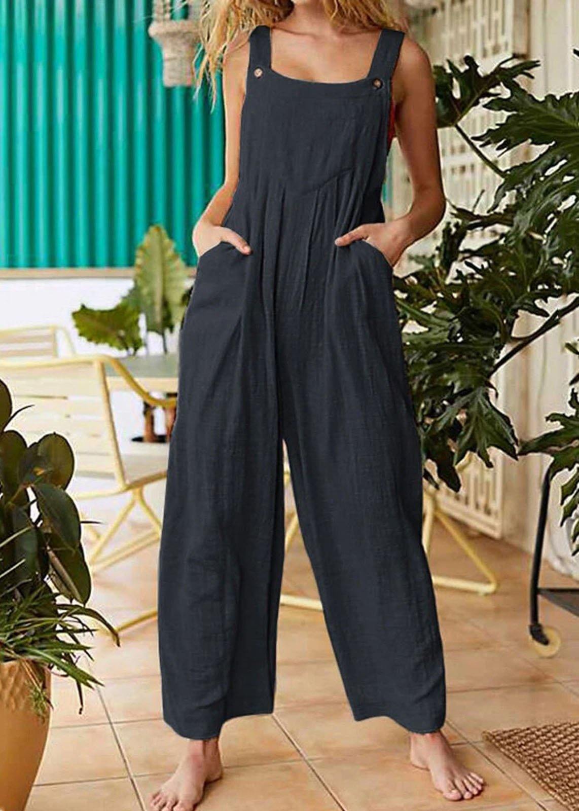 Solid Color Button Sleeveless Overalls Side Pocket Jumpsuit For Women dylinoshop