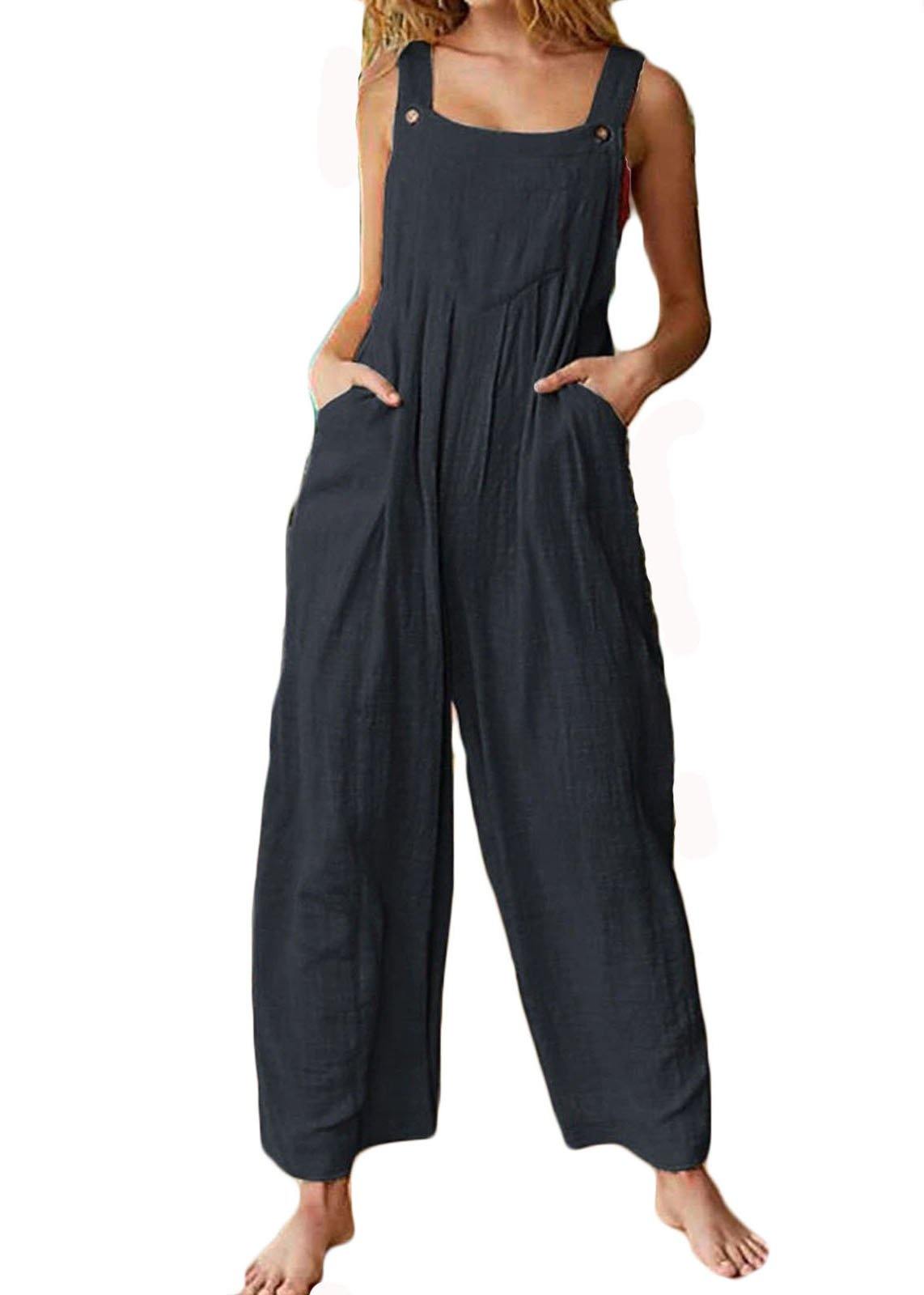 Solid Color Button Sleeveless Overalls Side Pocket Jumpsuit For Women dylinoshop