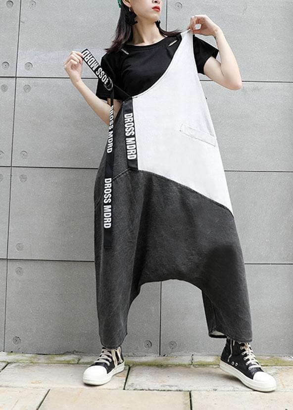 Strap  retro black gray patchwork overalls casual pants jeans women AT-JPTS190717