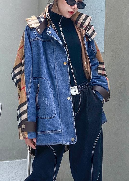 Style hooded patchwork  tunics for women denim blue Plus Size Clothing outwear AT-DJK201105