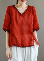 Stylish Purple V Neck Embroideried Floral Linen T Shirt Half Sleeve gk-HTP220722