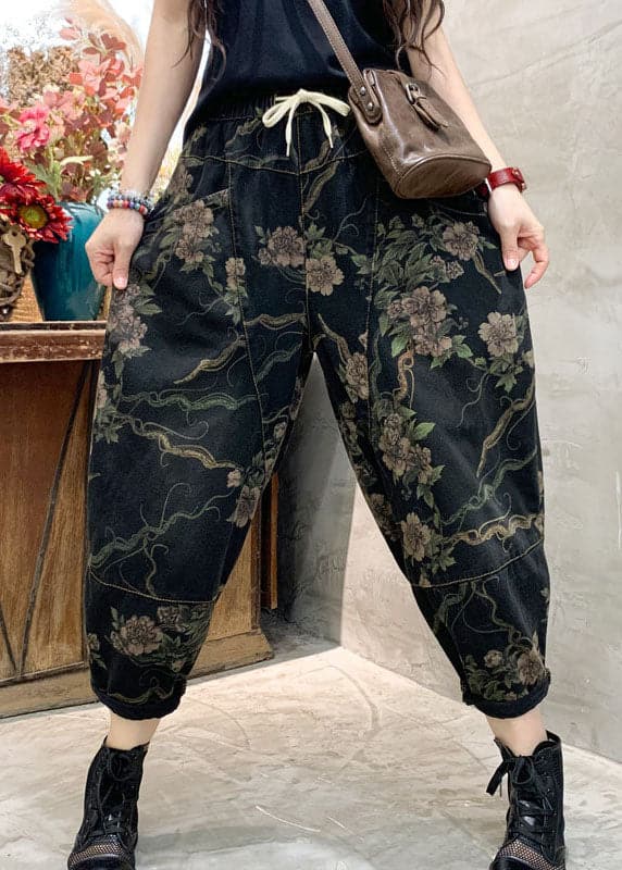 Unique Black retro Cinched Print denim Pants Trousers Spring NZ-LPTS220105