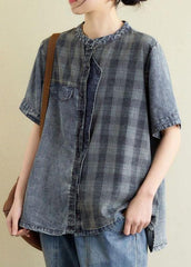 Vintage Blue Grey Denim Plaid Patchwork Summer Tops Short Sleeve GK-STP210810