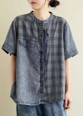 Vintage Blue Grey Denim Plaid Patchwork Summer Tops Short Sleeve GK-STP210810