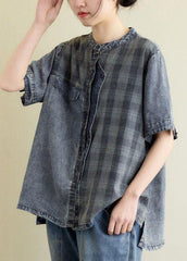 Vintage Blue Grey Denim Plaid Patchwork Summer Tops Short Sleeve GK-STP210810