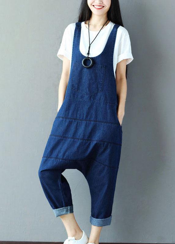 Vintage Blue Pockets wrinkled Harem Fall Cotton Romper dylinoshop