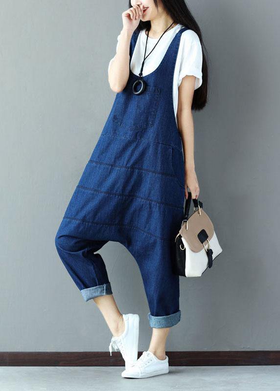 Vintage Blue Pockets wrinkled Harem Fall Cotton Romper dylinoshop
