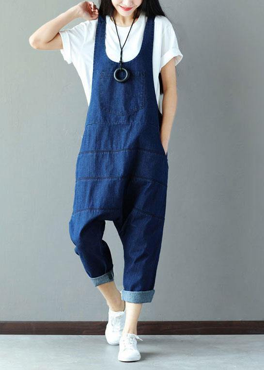 Vintage Blue Pockets wrinkled Harem Fall Cotton Romper dylinoshop