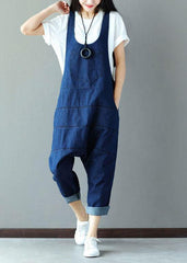 Vintage Blue Pockets wrinkled Harem Fall Cotton Romper dylinoshop