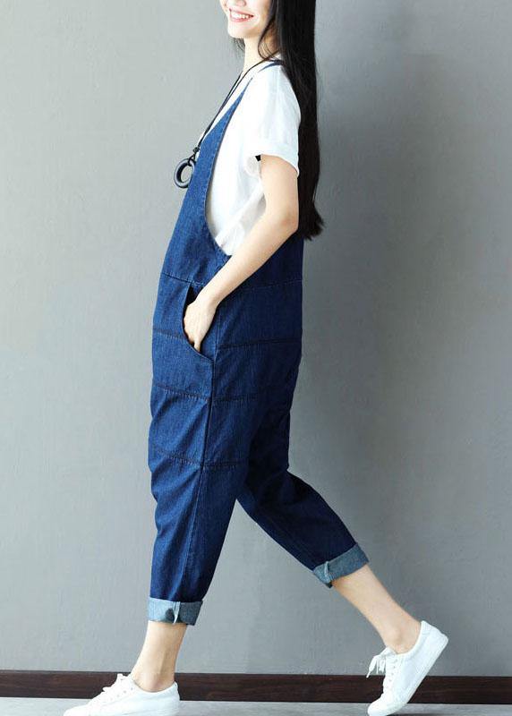 Vintage Blue Pockets wrinkled Harem Fall Cotton Romper dylinoshop