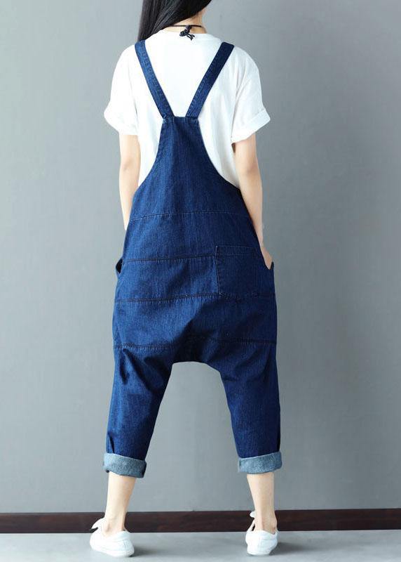 Vintage Blue Pockets wrinkled Harem Fall Cotton Romper dylinoshop
