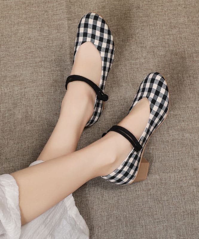 Vintage Buckle Strap Chunky High Heels Plaid Cotton Fabric BX-XZ-GGX20220401