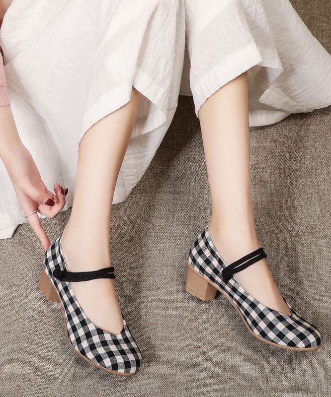 Vintage Buckle Strap Chunky High Heels Plaid Cotton Fabric BX-XZ-GGX20220401