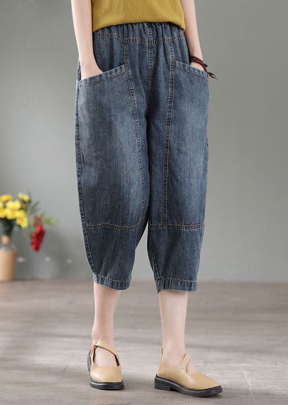 Vintage Denim Blue High Waist Pockets Cotton Crop Pants Summer NZ-CPTS220627